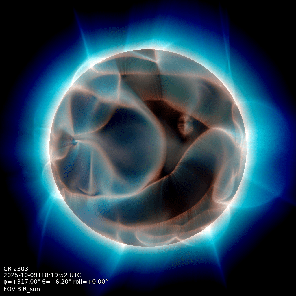 Near-limb render of the COCONUT corona with the opaque body