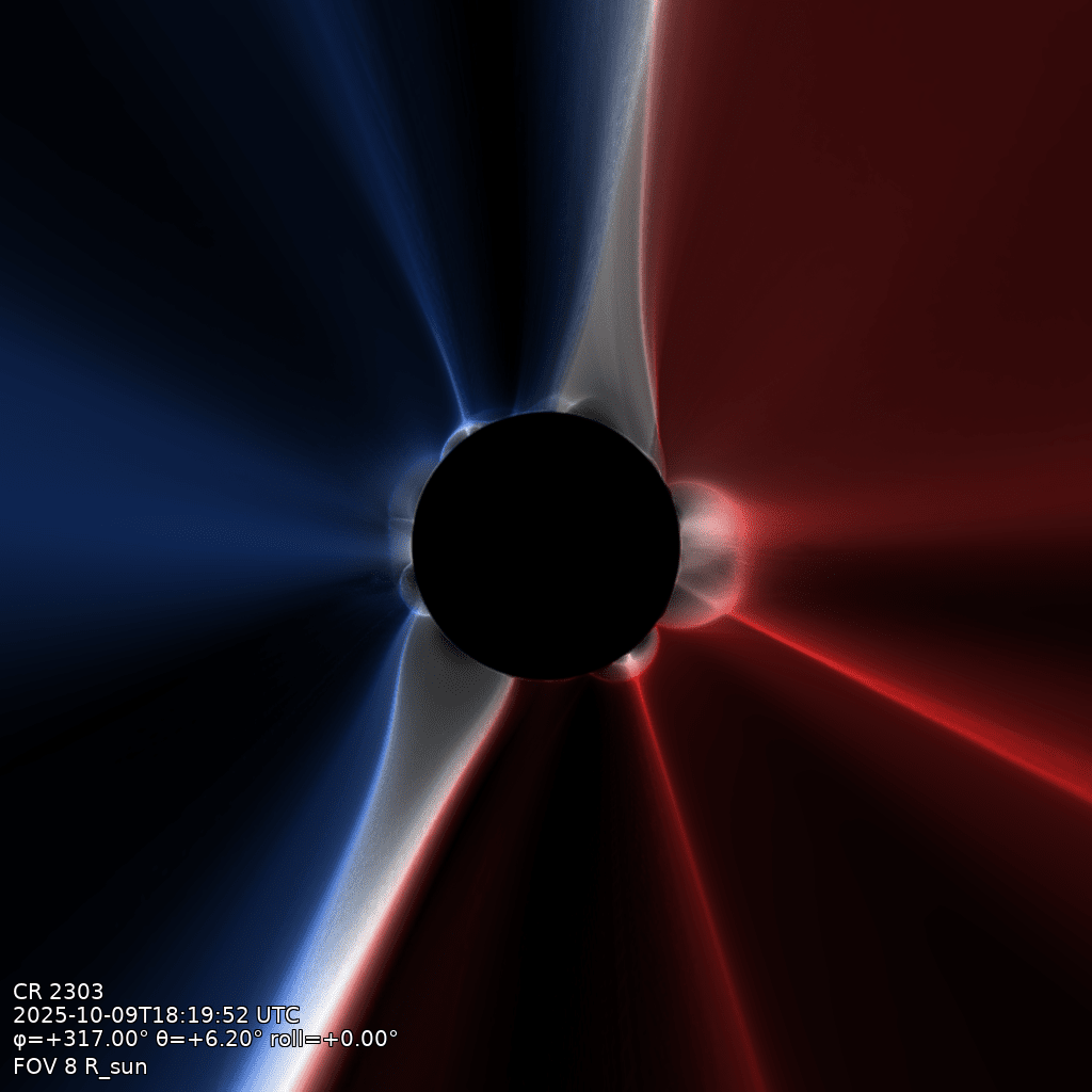 Polarity-coloured eclipse render of the COCONUT corona